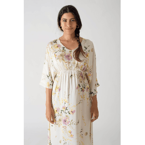 Soft Yellow Floral Night Dress With Three Quarter Sleeves