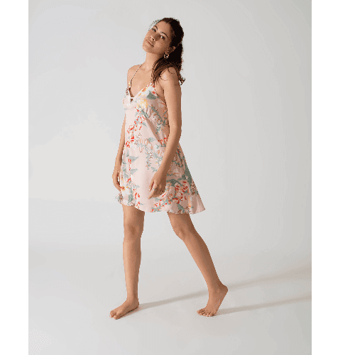 Intimate Light Orange Night Dress With Floral Print And Straps