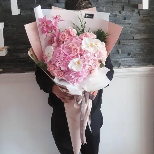 Hand Bouquet With Pink Hydrangea And Orchids