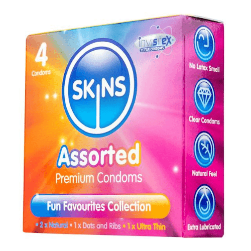 SKINS ASSORTED LUB. CONDOMS 4's