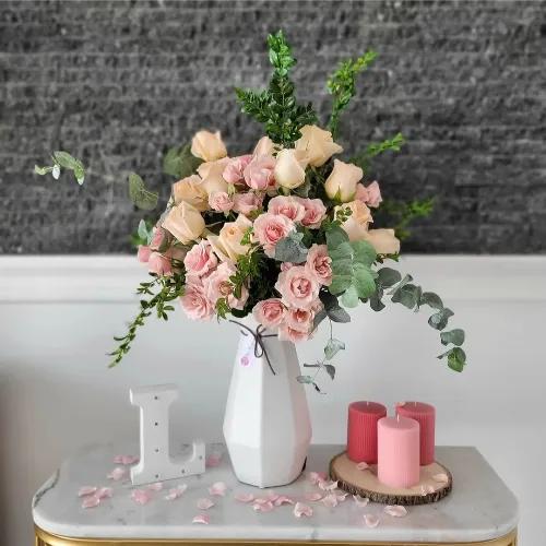 Ceramic Vase With Pink And Peach Roses