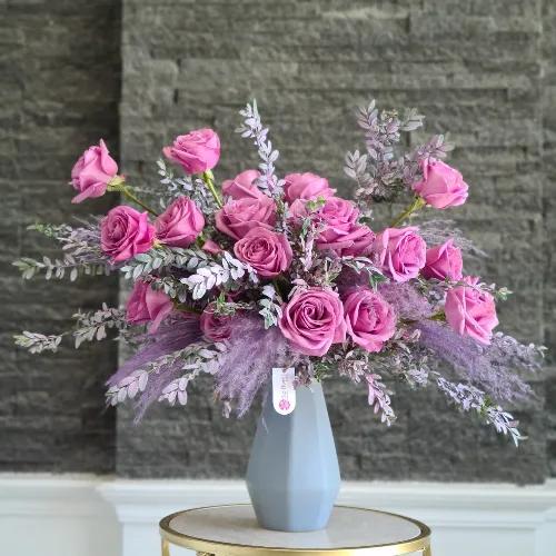 Blue Ceramic Vase With Purple Roses And Leaves