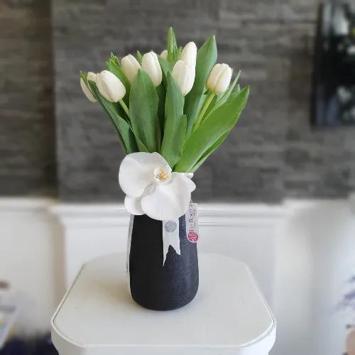 Ceramic Vase With White Tulips And Phalaenopsis