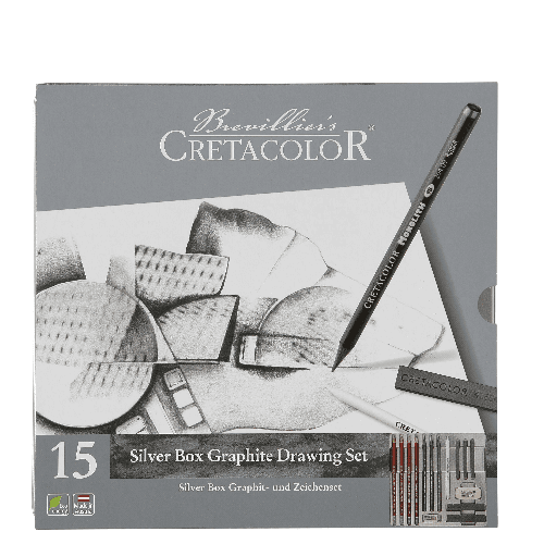 Graphite & Drawing Set of 15 pcs - SILVER BOX, tin box