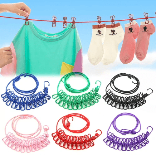 Portable Multi Functional Elastic Drying Rope With 12 Clips 1.8 M Long (The Maximum Stretch To: 3.8M) Set Of 2 Ropes