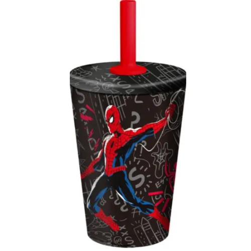 Stor Dw Stainless Steel Silicone Straw Tumbler Spiderman Black Board 360 Ml