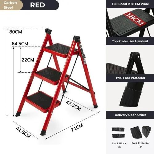 3-Step Stool Ladder With Wide Pedals, Folding Storage Shelf, Load 150 Kg