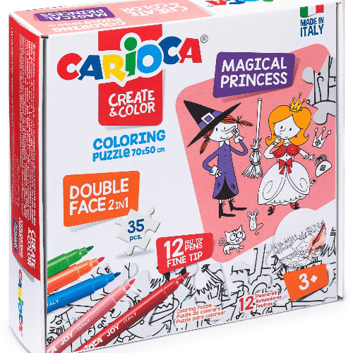 Coloring Puzzle Magical Princess Set + 12 Felt Tip Pens Set, Carioca