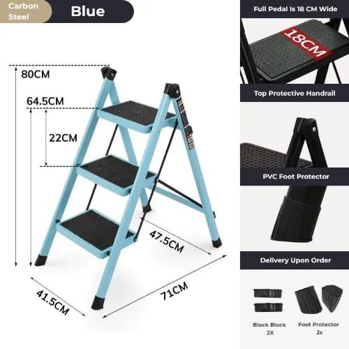 3-Step Stool Ladder With Wide Pedals, Folding Storage Shelf, Load 150 Kg