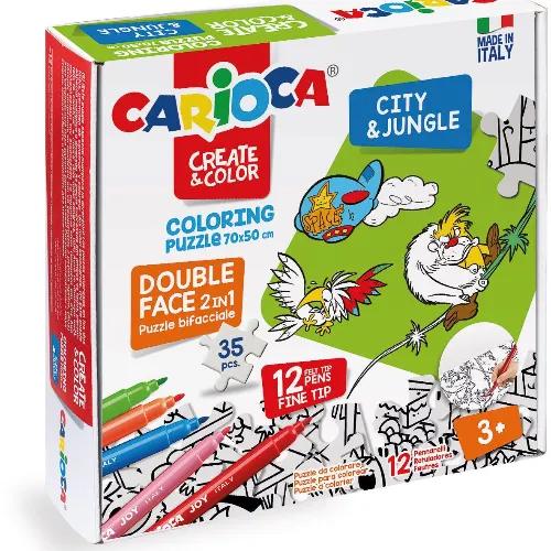 Coloring Puzzle City & Jungle Set + 12 Felt Tip Pens Set, Carioca