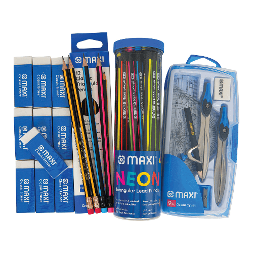 Maxi 10 Erasers, 12 Pencil, Neon Pencil Jar & Geometry Set