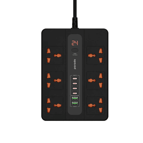 Porodo 6 Ac 2 UBS-A 24w & 4 USB-C PD 36w Multi-Port Super Hub 3m 3000w Uk - Black