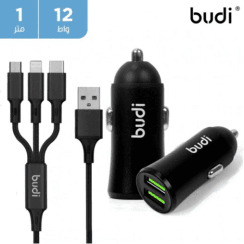 Budi CC627T3B Car Charger + Cable 2 USB Port 12W - Black