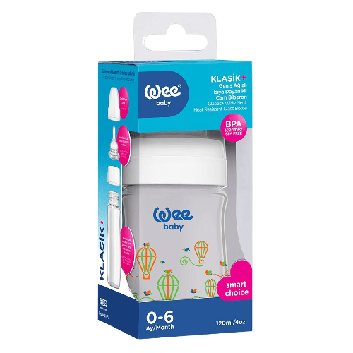 Wee Baby Heat Resistant Patterned Classical Wide Neck Glass Feeding Bottle 120Ml (Sold Separately Subject To Availability) (Buy 1 Get 1 Free)