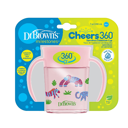 Dr.Browns Smooth Wall Cheers 360 Cup W/ Handles 7 Oz/200 Ml Pink Deco 6M+ 1 Pack Eta June