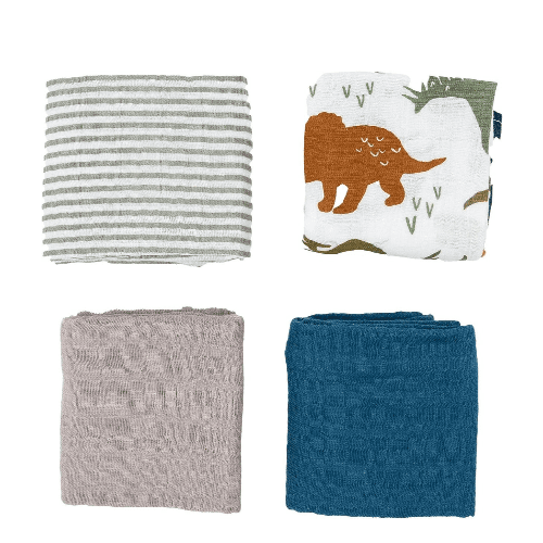 Little Unicorn Cotton Muslin Swaddle Blanket Squares 4 Pack Dino Friends