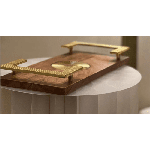 Rectangular Wooden Tray - Wood/ Gold - Dhabi 