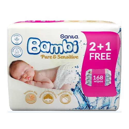 Sanita Bambi Wet Wipes Pure & Sense 2+1 Free 56 S