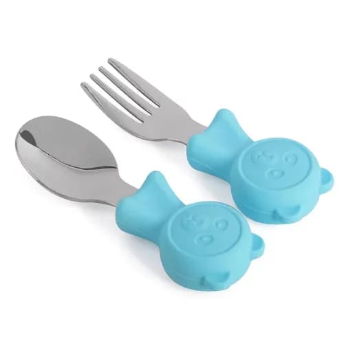 Baby Self Feeding Spoon And Fork ,Silicone And Stainless Steel For Toddler, Blue