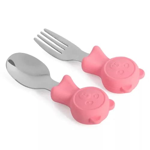 Baby Self Feeding Spoon And Fork ,Silicone And Stainless Steel For Toddler - Pink