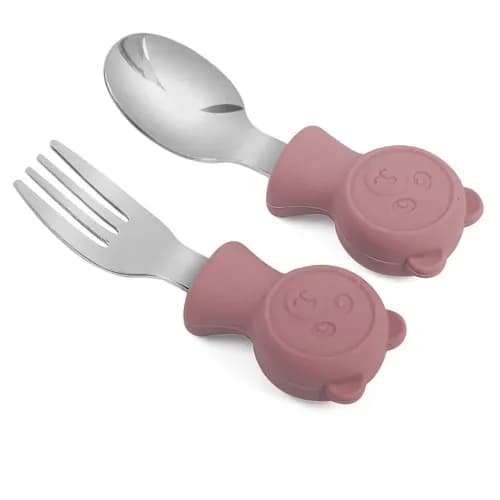 Baby Self Feeding Spoon And Fork ,Silicone And Stainless Steel For Toddler - Rose