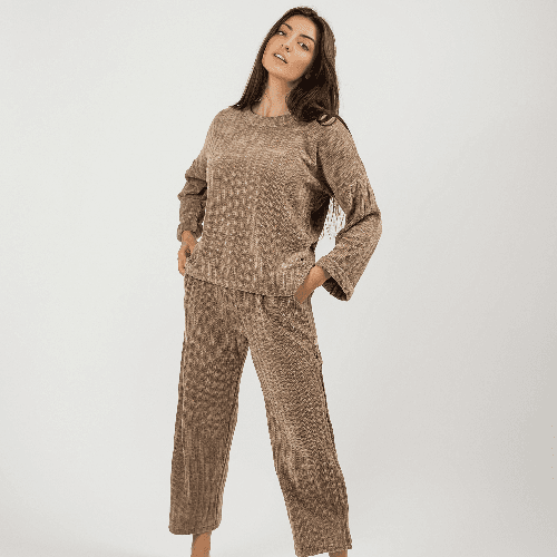 Be Cosy Knitted Loungewear Set In Light Brown