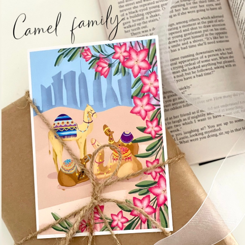 Greeting Card - Camel Family. Size: 15X10.5Cm When Folded. Comes With An Envelope. - Little Goodies