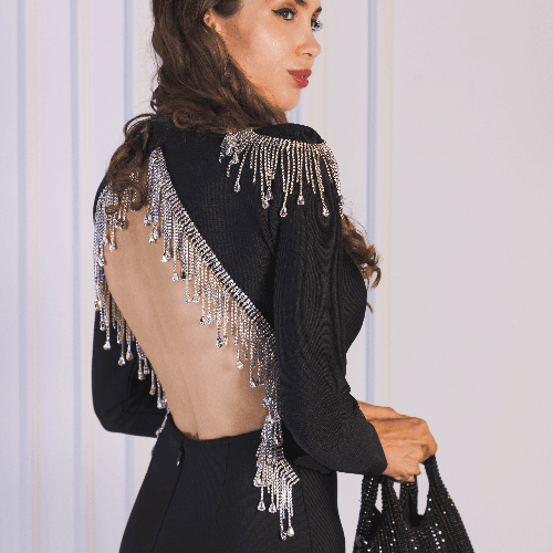 Black Backless Diamond Tassel Bodycon Dress