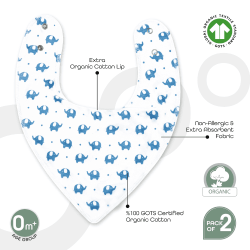 Moon - Organic Bandana Bibs Regular (Pack Of 2) Elephant & Blue