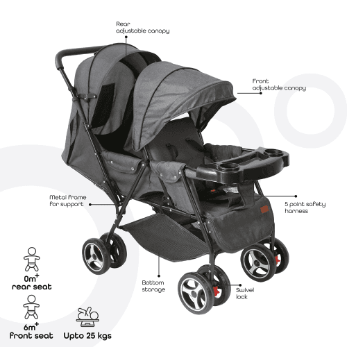 Moon Magnum Tandem Easy Fold Twin Travel Stroller (Black + Grey Dots)