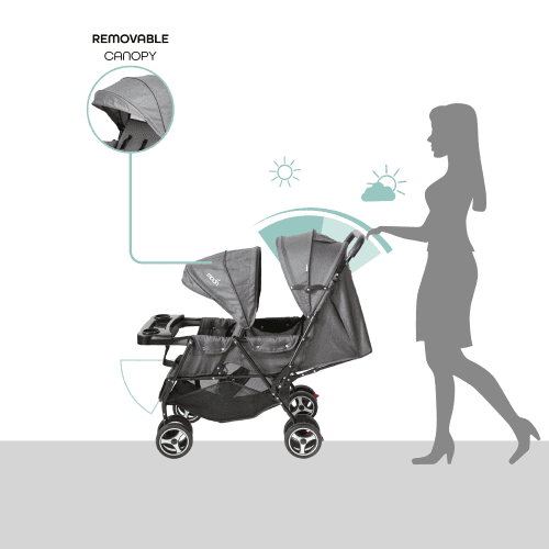Moon Magnum Tandem Easy Fold Twin Travel Stroller (Black + Grey Dots)