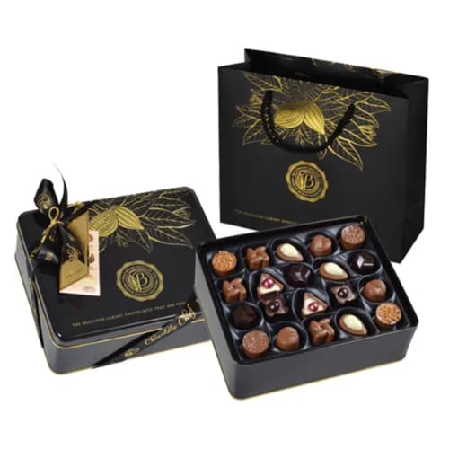 PA267 Assorted Chocolate Pralines Black & Gold Tin Box 500 Gr