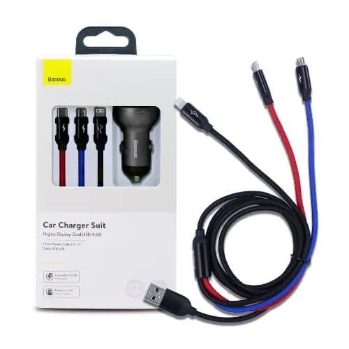 Baseus 3in1 Car Charger Dual Usb 4.8a 24w  With Three In One Cable 1m Tzccbx-0g