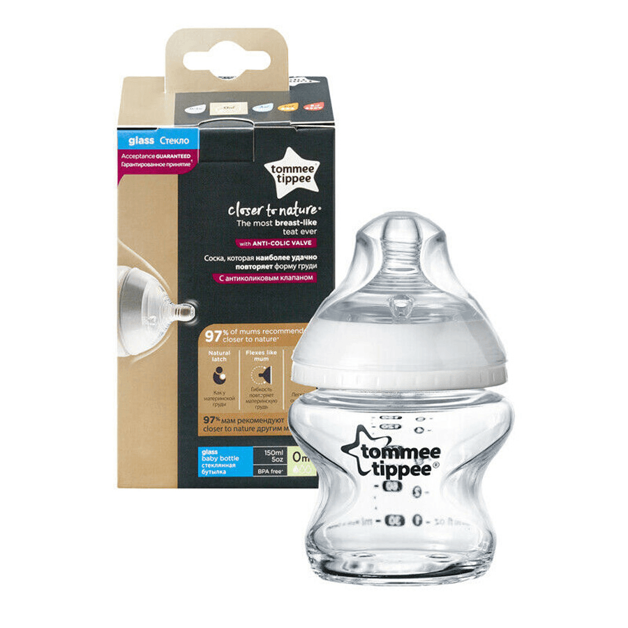 Tommee Tippee Closer To Nature Glass Feeding Bottle, 150Ml X 1 (Clear)