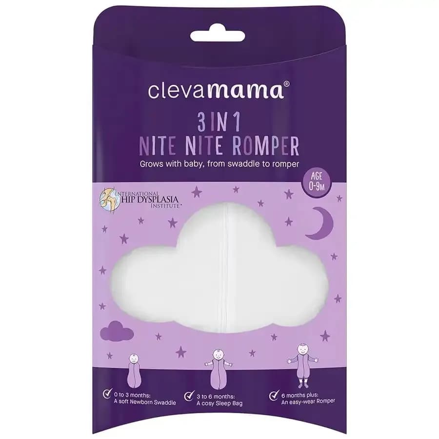 Clevamama 3 In 1 Nite Nite Romper & Sleeping Bag 1 Tog - White (0-9M)