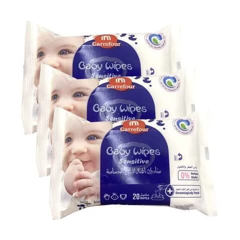 Maf Carrefour Baby Wipes For Sensitive 20 Wipes, 3 Pieces