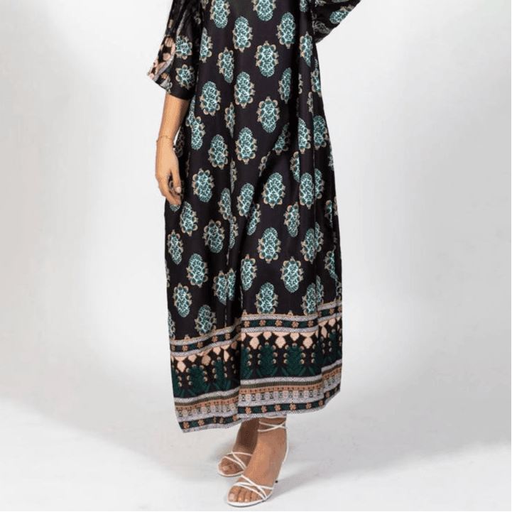 BLACK GREEN PRINTED DRESS - FREESIZE 