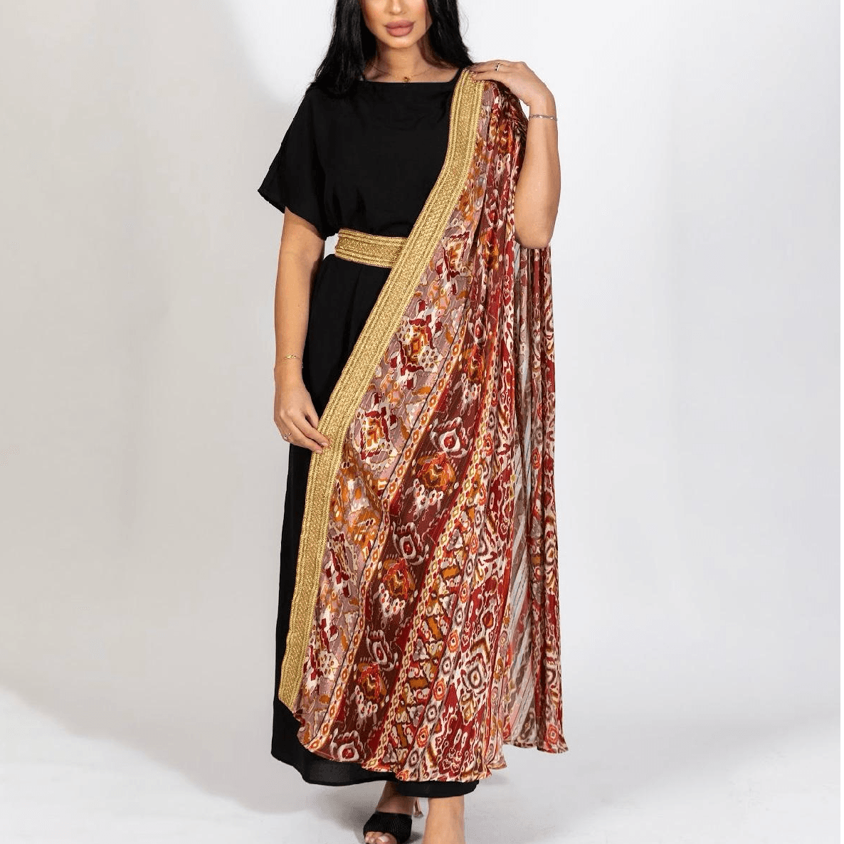 BLACK UNIQUE DRESS WITH ATTACHED PRINTED RED SCARF SIZE: XL