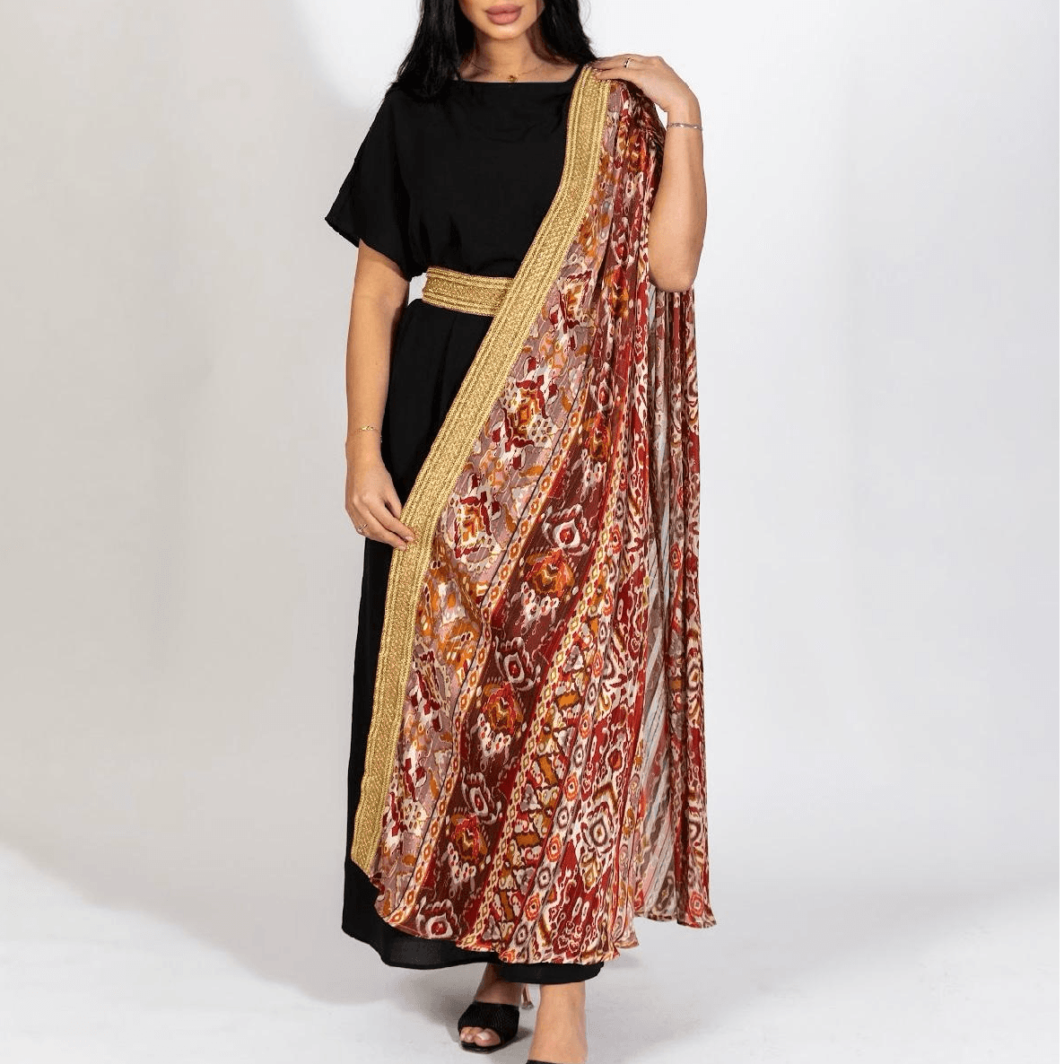 BLACK UNIQUE DRESS WITH ATTACHED PRINTED RED SCARF SIZE: M