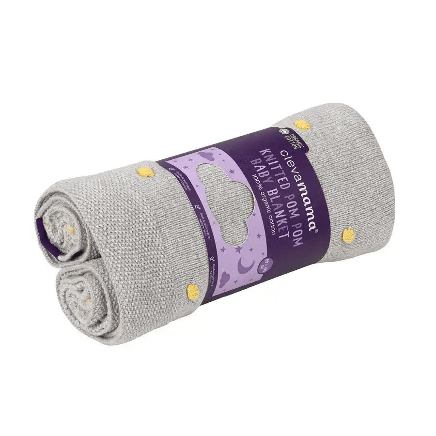 Clevamama Knitted Pom Pom Baby Blanket Organic Cotton 80X100Cm (Grey)