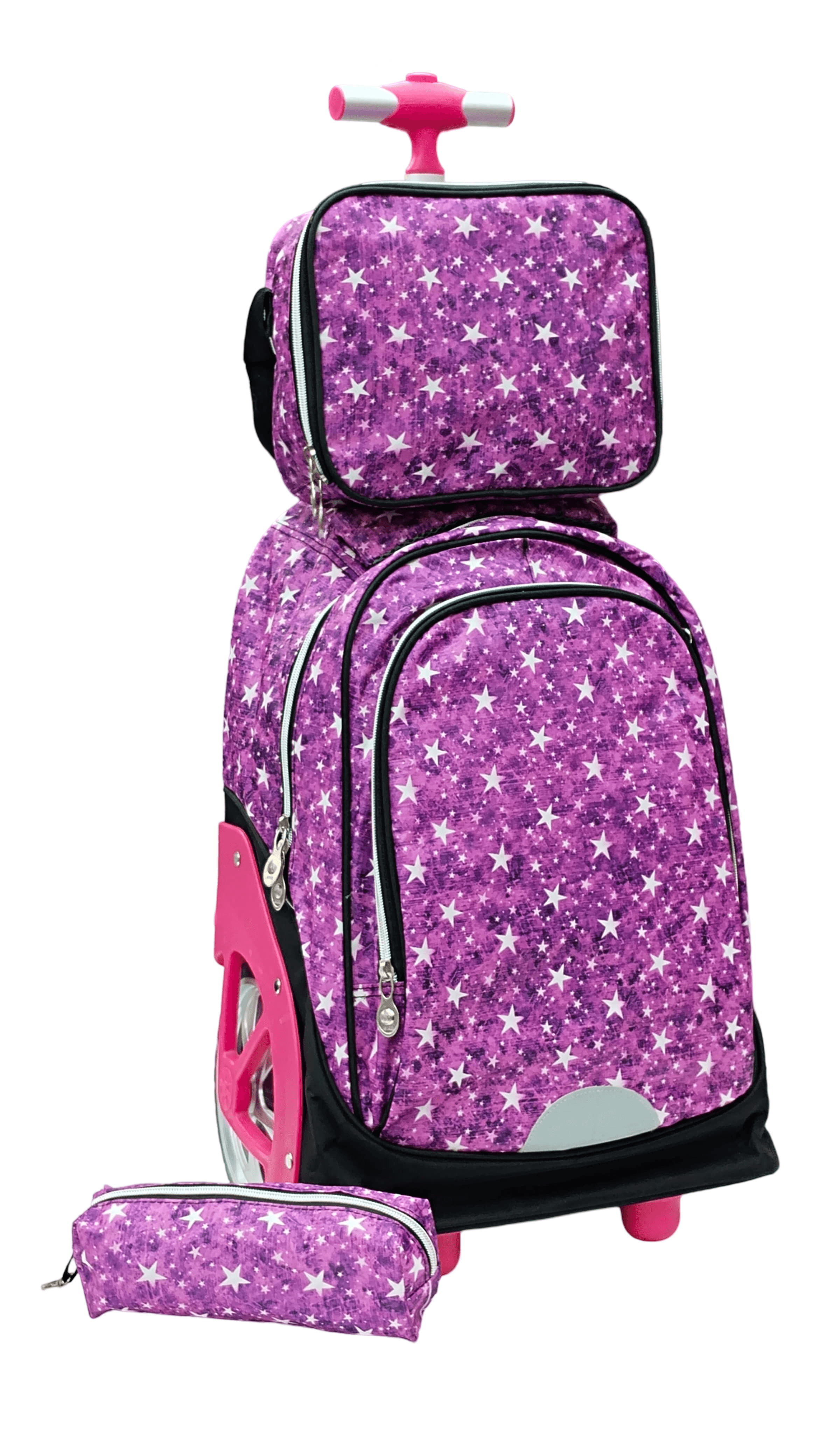 Trolly Bag With Lunch Bag And Pencil Case 3 Set Big Wheel 18 Inches Pink Shade With Star