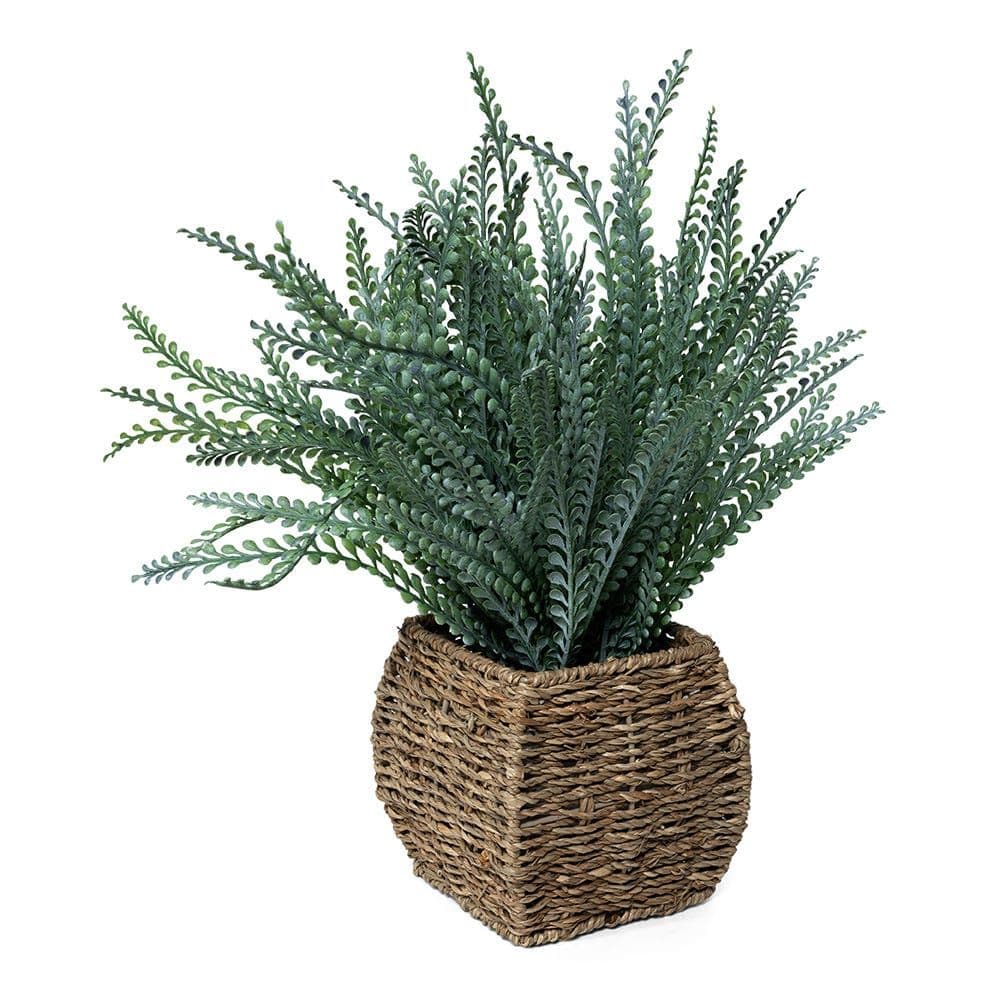 Artificial Ferns In Seagrass Basket, Green - 43 Cm