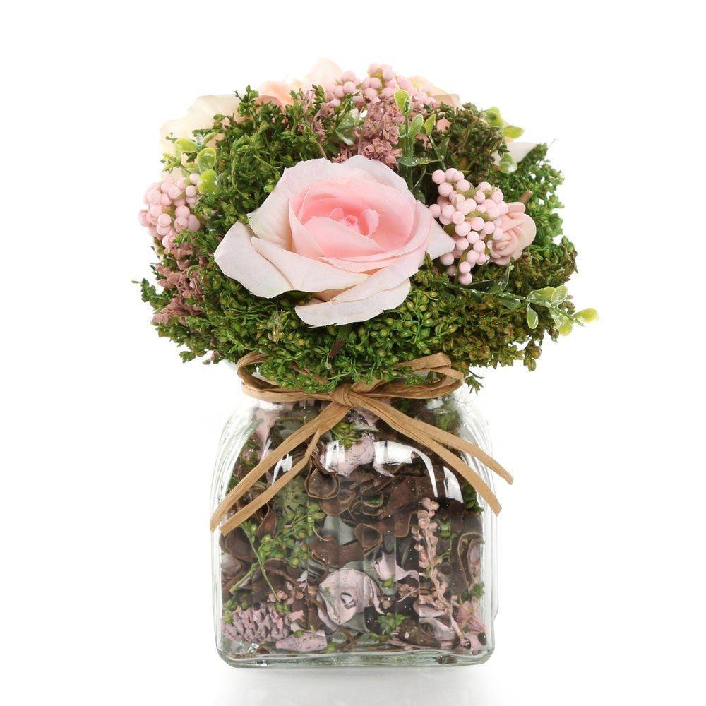 Artificial Mixed Roses With Glass Square Vase (Peach/Pink, 21 Cms)