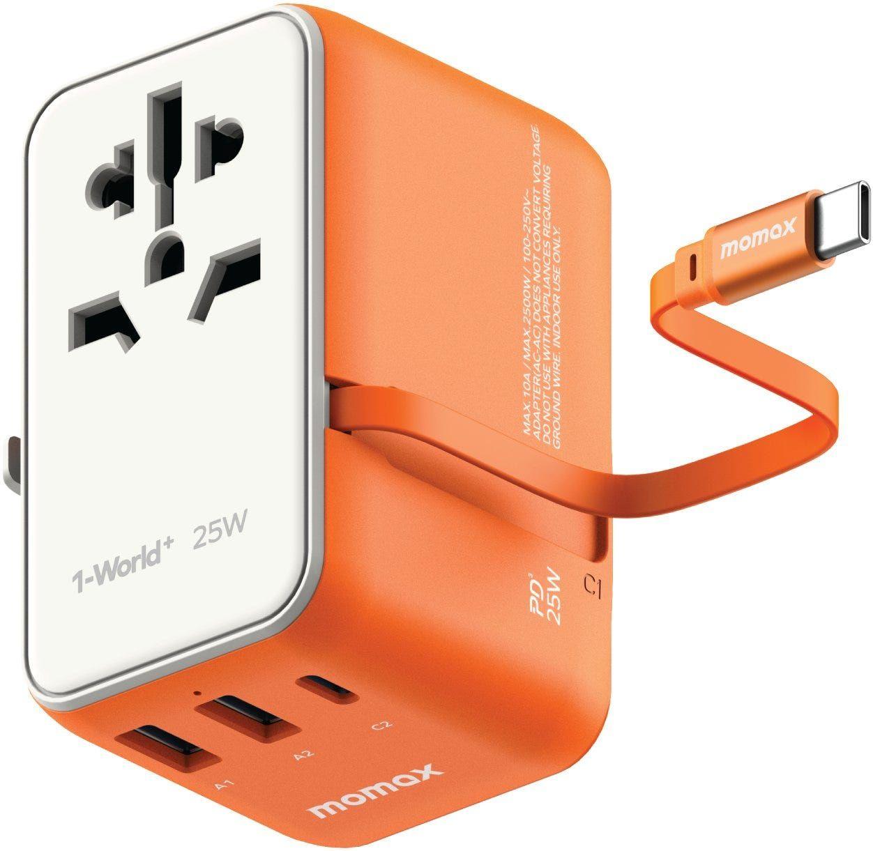 Momax 1-World 25W 3 Port With Built-In Usb-C Cable Ac Travel Adaptor (Color: Orange)