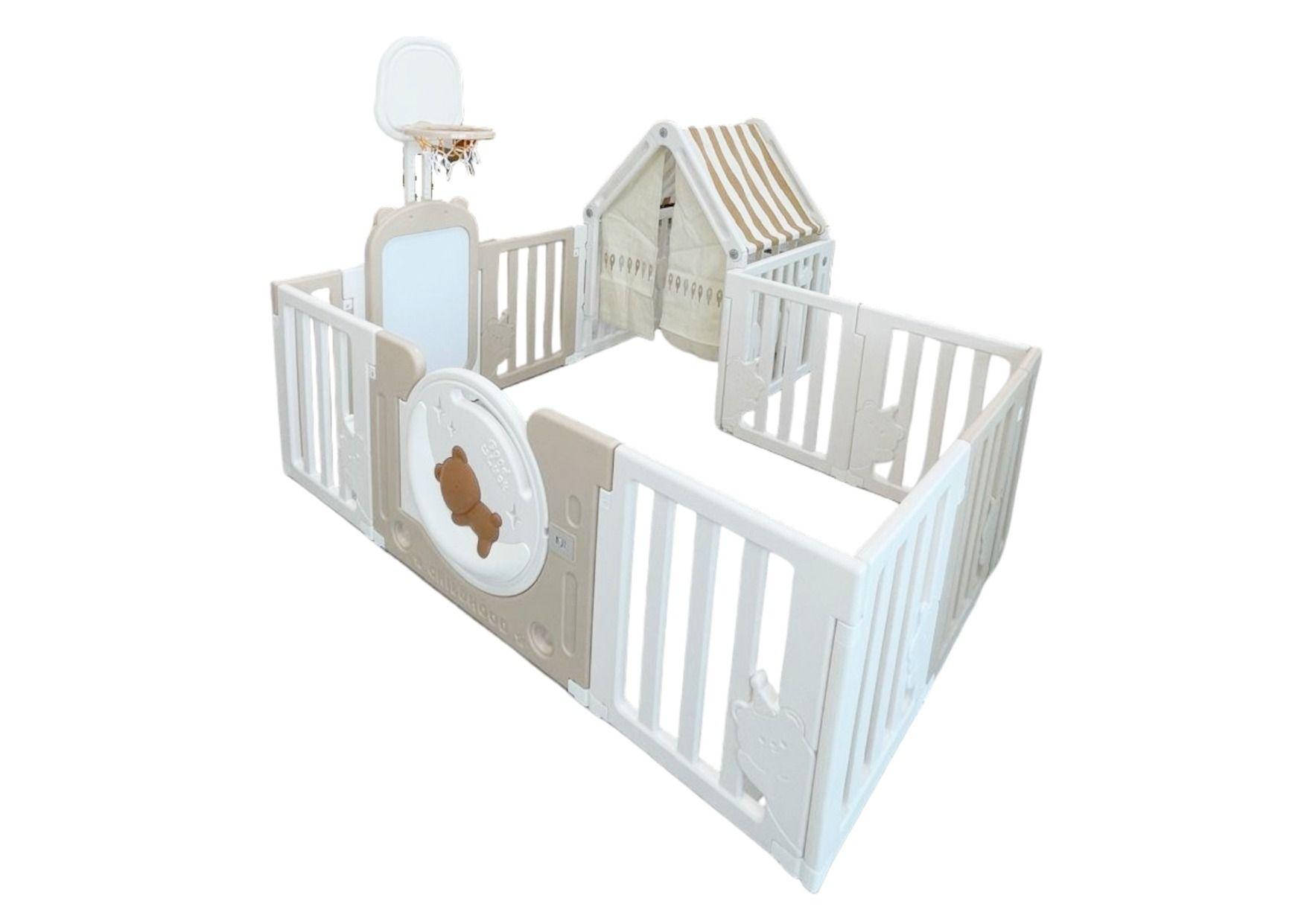 Little Toddlers Bear Moon Playpen (No Mat) With Drawing Board, Basketball Hoop, Small House Moon Light -120Cm X 180Cm X 64Cm