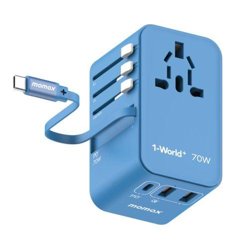 Momax 1-World 70W Gan 3 Port With Built-In Usb-C Cable Ac Travel Adaptor Blue