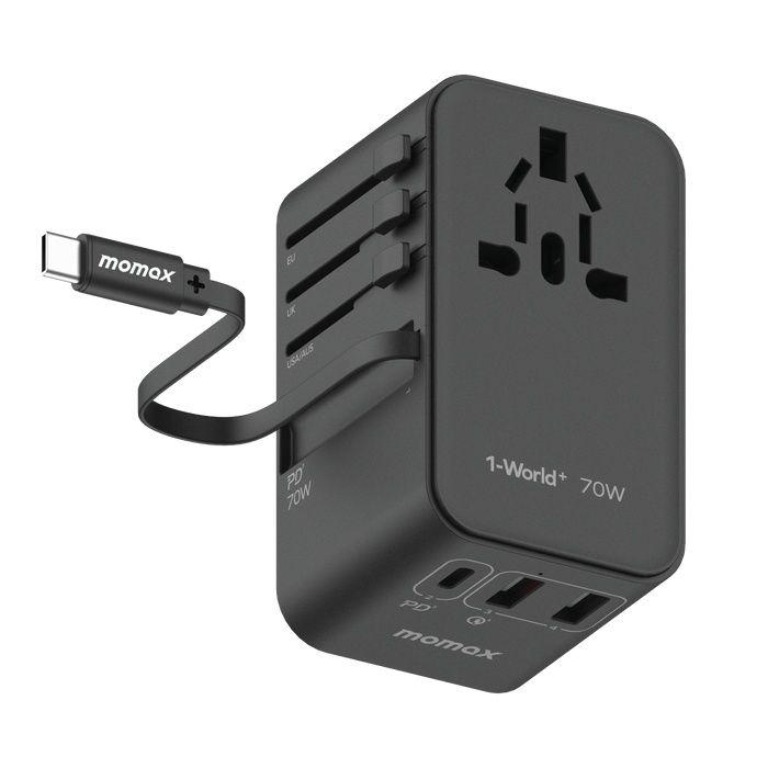 Momax 1-World 70W Gan 3 Port With Built-In Usb-C Cable Ac Travel Adaptor Black