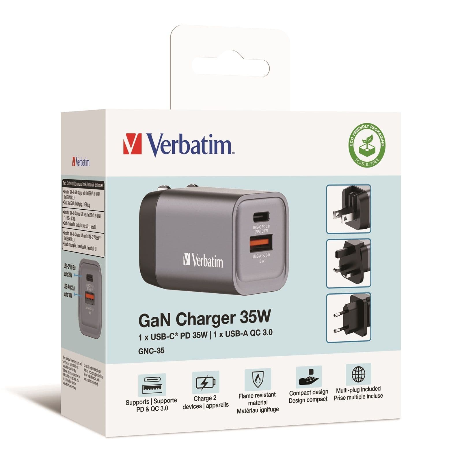 شاحن Verbatim Gan بقوة 35 واط 35 واط 1 منفذ USB-C وUSB-A