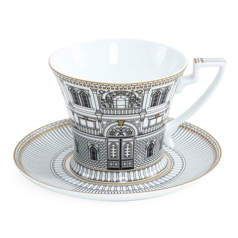 Palazzo Breakfast Cup And Saucer, White & Black - 350 Ml