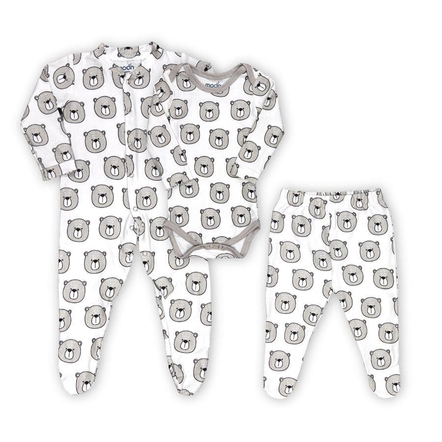 Moon Organic Baby Gift Set Romper Body Suit Bear Print 3Pc (0-3M)